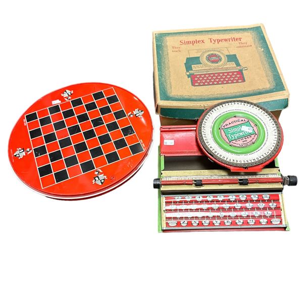 Simplex Tin Toy Type Writer In Original Box With Tin Double Sided Checker Board