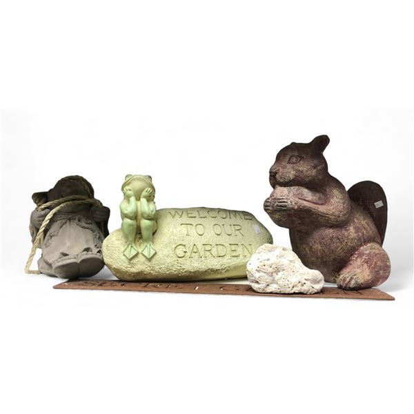 4 Assorted Garden Ornaments, Squirrel, Frog On Rock, Swinging Monk, Etc.''
