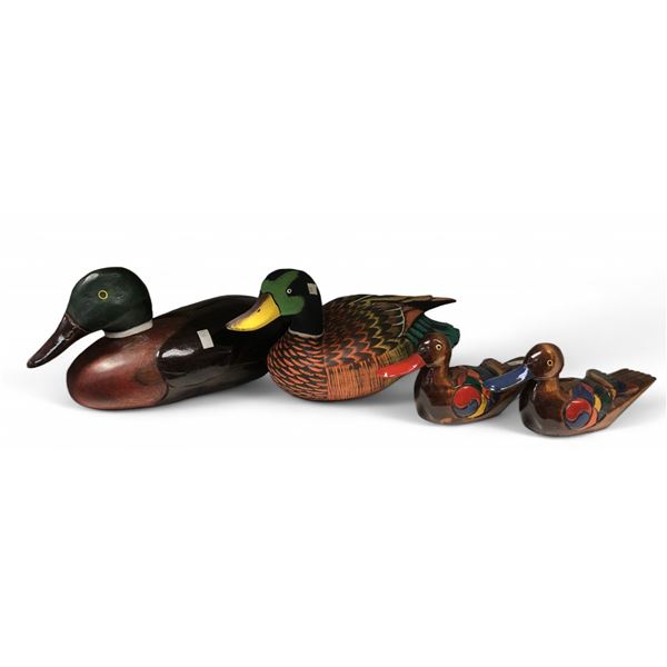 2 Hand Carved Hand Painted Duck Decoys And 2 Miniature Ducks