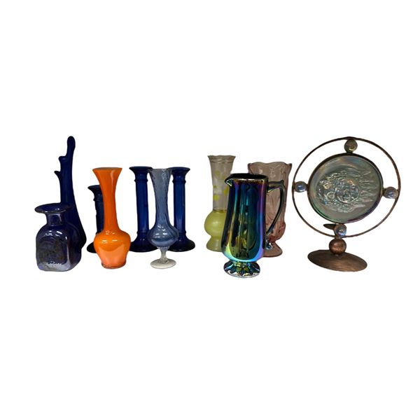 Assorted Collectibles, Art Glass Vases, Candle Sticks, Pitchers, Wacky Bird, Etc..