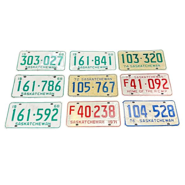 9 Assorted Saskatchewan License Plates, 1973, 1968, 1972, 1971, 1976, 1974