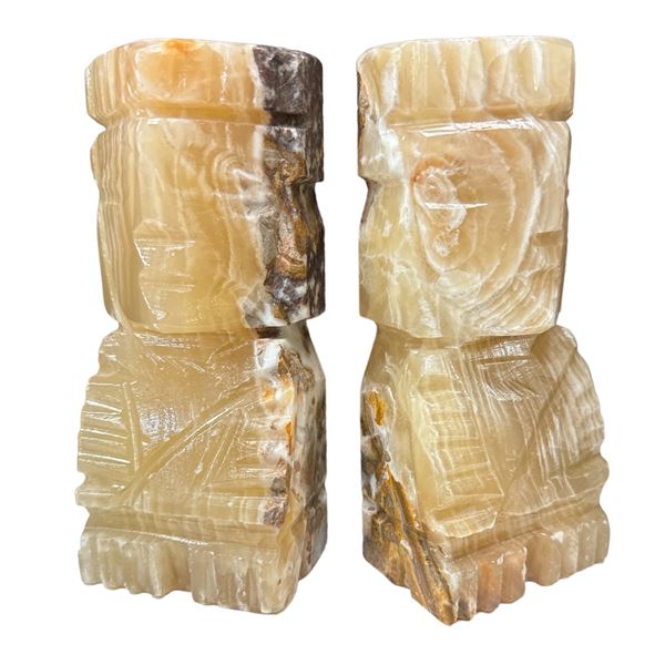 Pair Of Carved White Onyx Aztec Bookends
