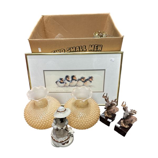 Box Full Of Assorted Collectible Glassware, Pitcher, Elk Book Ends, Lamp Shades, Etc.…