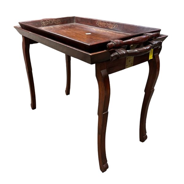Vintage Rectangular Brass Inlayed Wood Tray Table