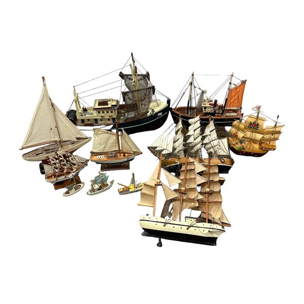 11 Wooden Model Ships, Sail Boats, Tug Boats, Etc..