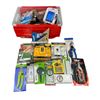 Image 1 : Tote Full Of Assorted Tools, Level, Garden Seeder, Pruner, Power Sources, Etc..