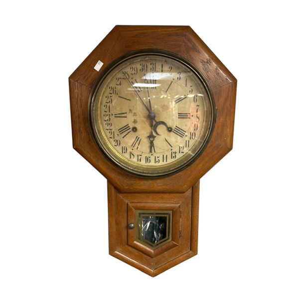 Vintage Wooden Calendar Wall Clock, With Pendulum And Key