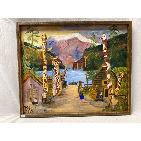 Framed Painting On Board Of Village With Totem Poles Signed B.Niemczyk 1954