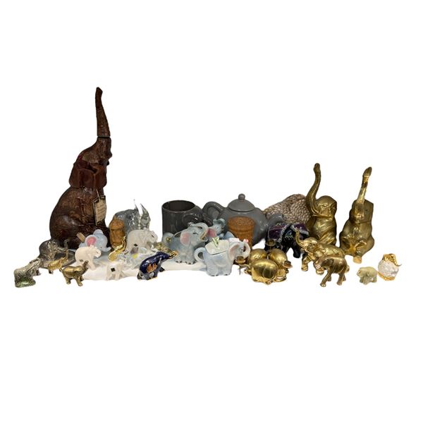 Assorted Elephant Collectibles, Brass, Teapot, Cups, Etc..