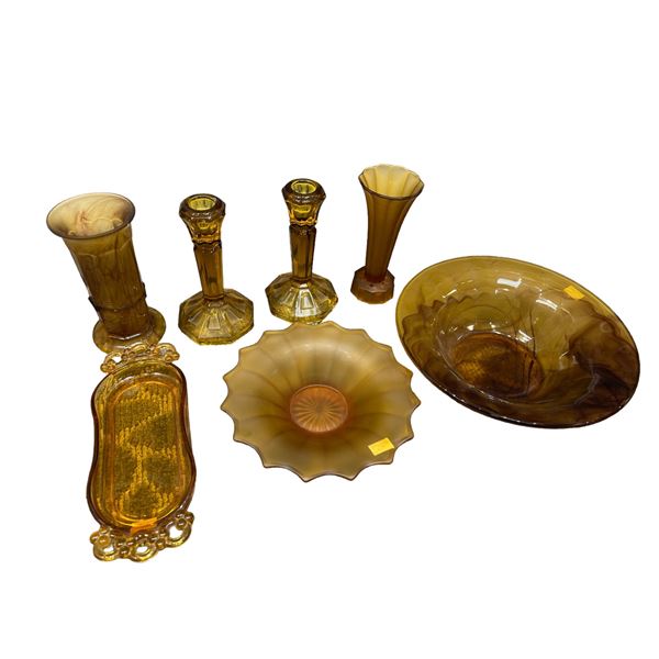7 Pieces Of Amber Glass, Bowl, Candle Sticks, Vases, Etc..