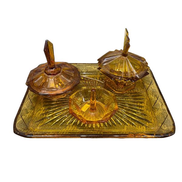 Mid Century Modern Amber Glass Trinket Set
