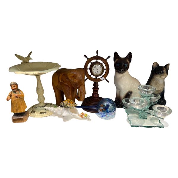Assorted Collectibles, Ceramic Cats, Captain Wheels Clock, Cast Iron Bird Feeder, Etc..