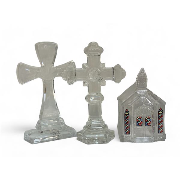 3 Glass Collectibles, 2 Crosses And Church