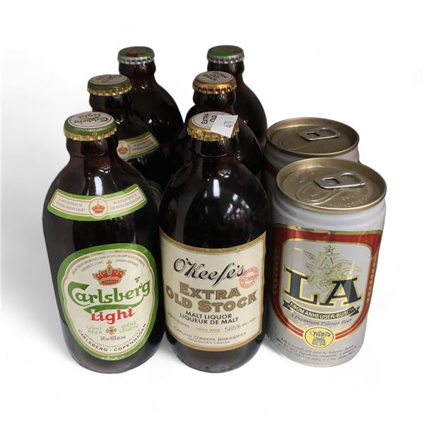8 Vintage Beer Bottles And Cans, Carls Burg, O' Keifs, Old Style , Etc..