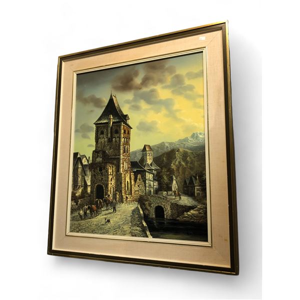 Vintage Framed Oil On Canvas, Town Scene By G. Schroter