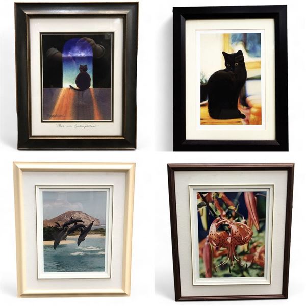 4 Assorted Framed Pictures, Dolphins, Flowers And Cats