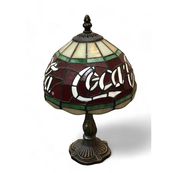 Vintage Desk Top Lamp With Stained Glass Coca Cola Shade