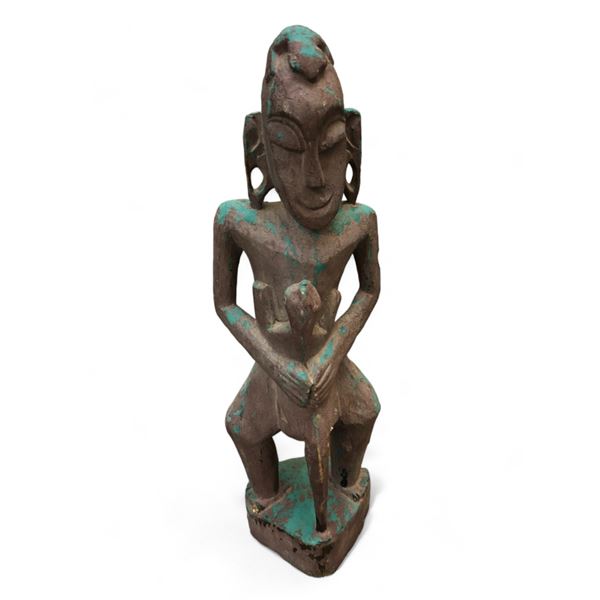 Carved Wood African Statue Of Man Holding Lizard