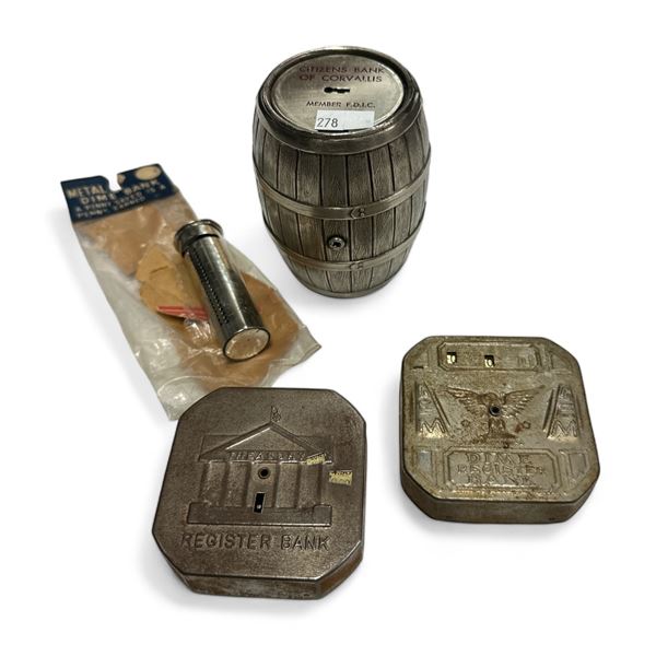 5 Vintage Coin Banks, Dime Bank, Barrel Bank, Etc..