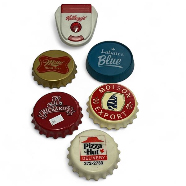 5 Vintage Bottle Cap Fridge Magnets And Kellogg's Important Fridge Magnet, Molson, Miller, Pizza Hut