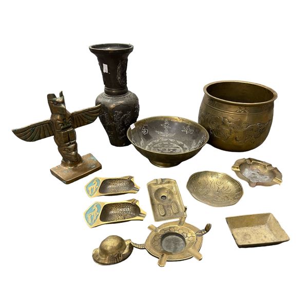 Assorted Brass Collectibles, Ash Tray, Bowl, Vase, Totem Pole, Etc..