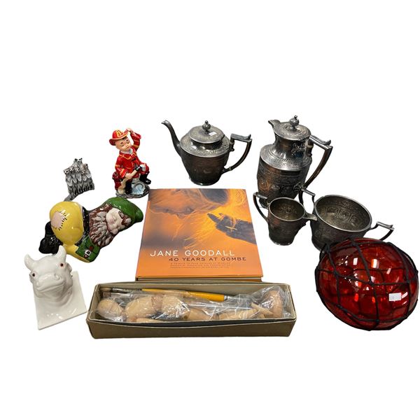 Box Full Of Collectibles, Silver Plated Teapots, Fish Float, Gnome, Cow Wall Plaque, Etc..