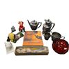 Image 1 : Box Full Of Collectibles, Silver Plated Teapots, Fish Float, Gnome, Cow Wall Plaque, Etc..