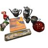 Image 3 : Box Full Of Collectibles, Silver Plated Teapots, Fish Float, Gnome, Cow Wall Plaque, Etc..