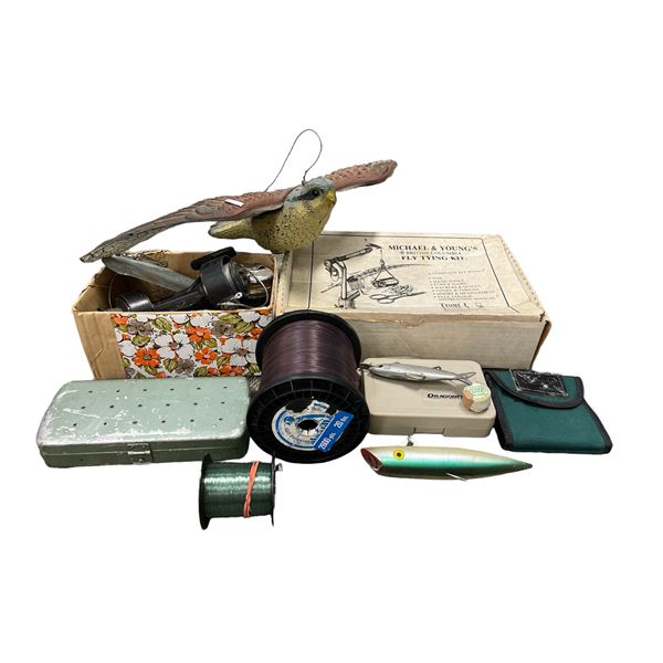 Box Full Of Fishing Equipment, Plastic Bird, Etc..