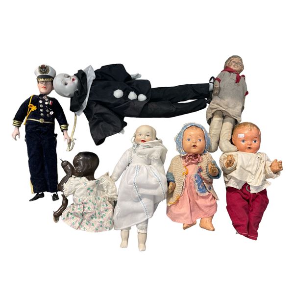 Box Full Of Vintage Dolls, Including 3 Faced Porcelain Doll