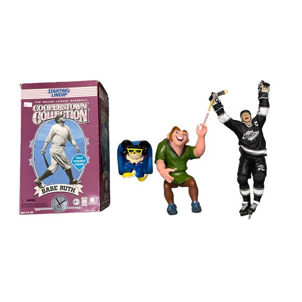 4 Collectible Figures, Babe Ruth In Box, Gretzky, Egor, And Mickey Mouse Radio