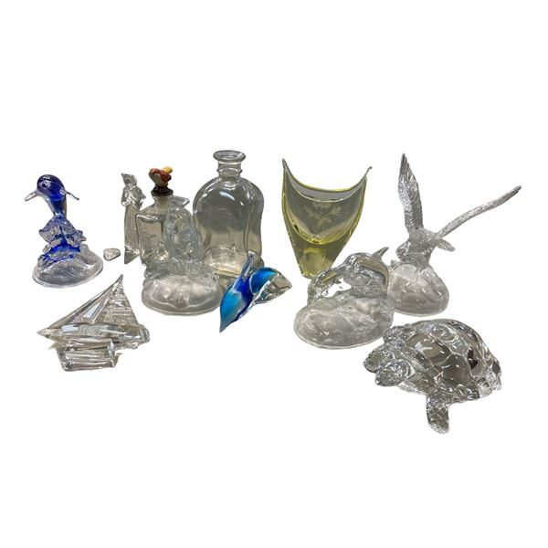 Box Full Of Collectible Glassware, Turtle, Ship, Dolphin, Etc..