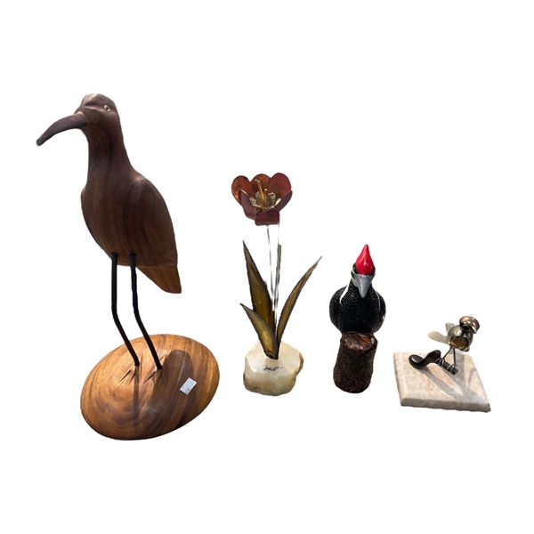 Collectible Birds And Metal Flower Sculpture On Quartz Base