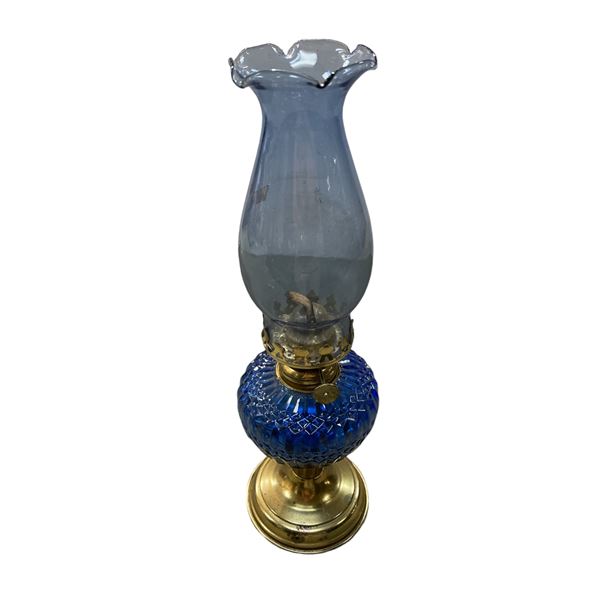 Brass And Blue Glass Oil Lamp