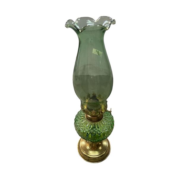 Brass And Green Glass Oil Lamp