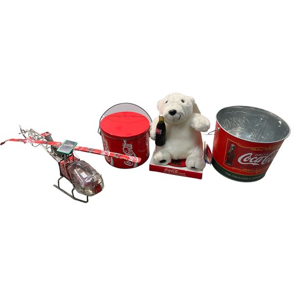 Assorted Coca Cola Collectibles, Polar Bear, Helicopter, Bucket, Etc..