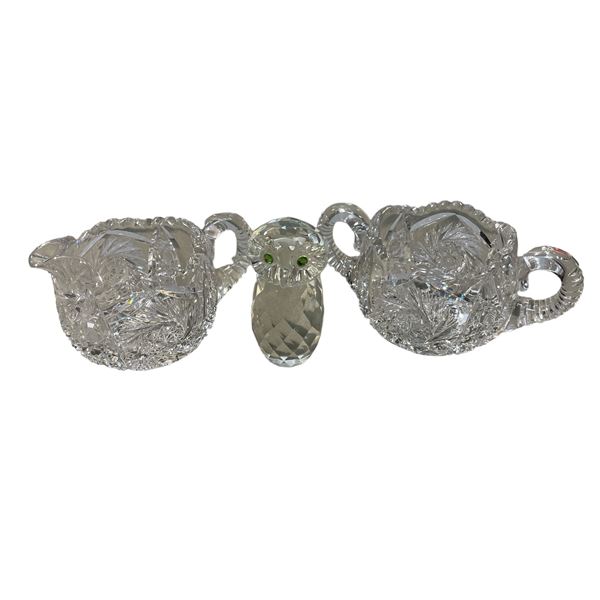 Cut Glass Bowl And Creamer With Glass Owl In Box