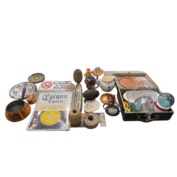 Box Full Of Assorted Collectibles, Toys, Plates, Signs, Pitcher, Etc..