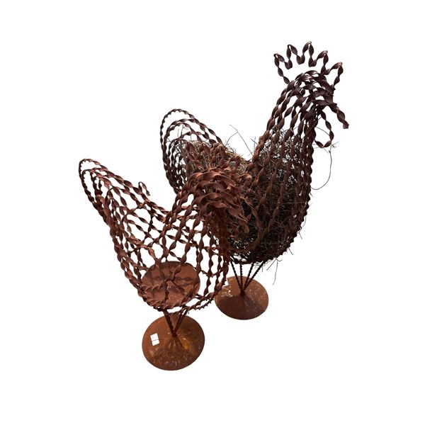 Pair Of Metal Craft Rooster Planters