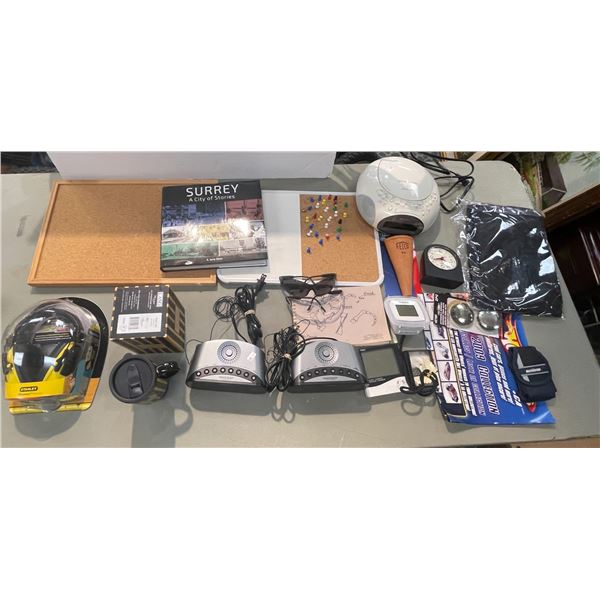 Box Of Assorted Collectibles, Radios, Alarm Clocks, Ear Muffs, Books, Etc..