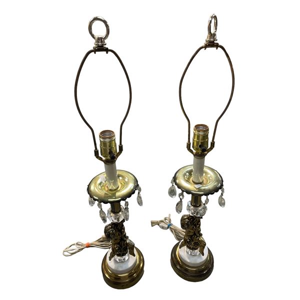 Pair Of Brass And Crystal Lamps With Cherub On Base