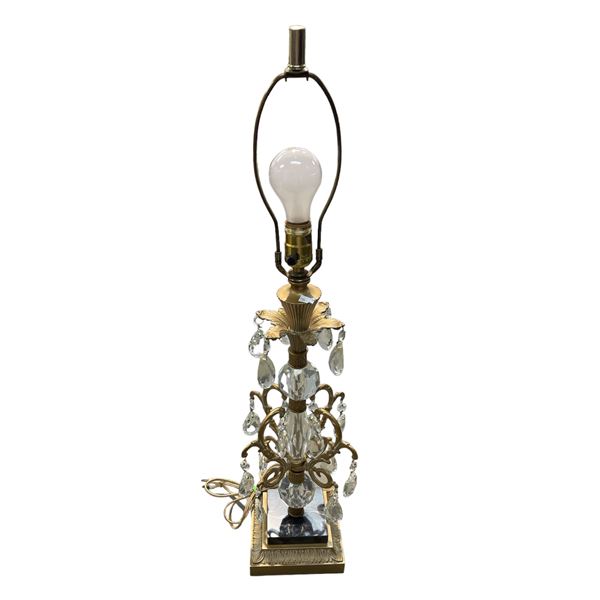 Large Brass And Crystal Lamp With Marble On Base