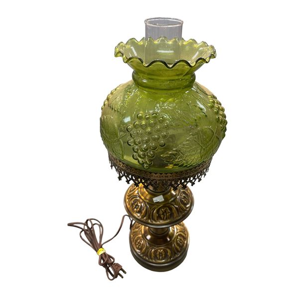 Vintage Brass Oil Lamp With Embossed Green Glass Shade With Grapes