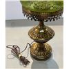 Image 3 : Vintage Brass Oil Lamp With Embossed Green Glass Shade With Grapes
