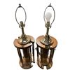 Image 1 : Pair Of Solid Oak Brass Pillar Rotunda Table Lamps