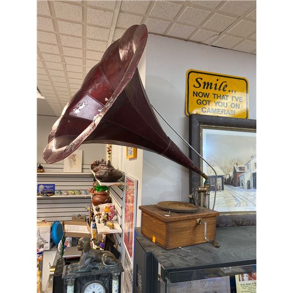 Vintage Wooden Gramophone With Crank And Large Horn