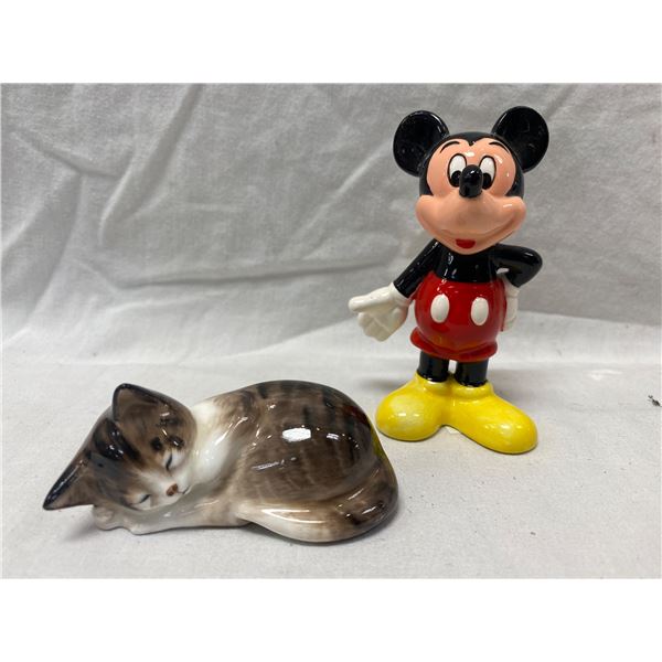 Ceramic Mickey Mouse Figurine And Royal Doulton Cat Figurine