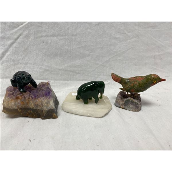 3 Gemstone Animals On Geode Bases, Elephant, Bear , And Bird