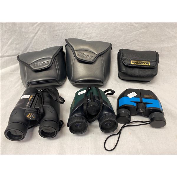 3 Binoculars, Nikon Trave Lite IV, Nikon Sprint II, And Magnicon With Original Carrying Cases