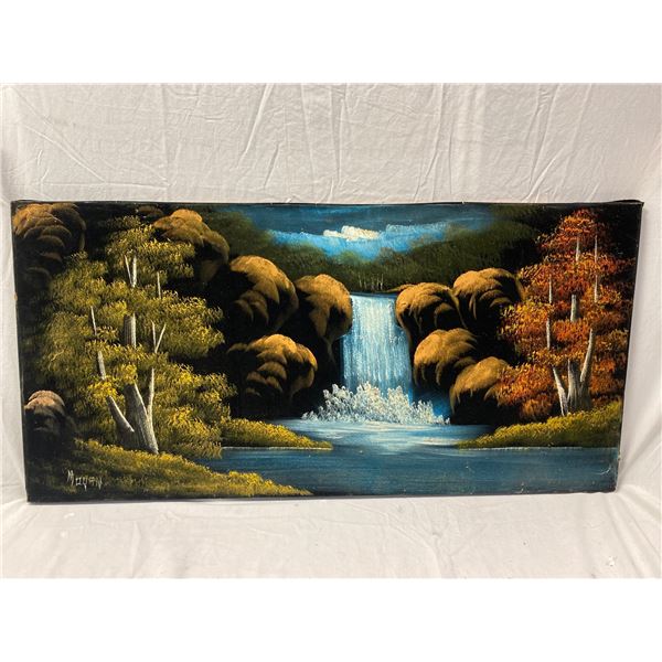 Black Velvet Painting Of Waterfall Scene Signed By Artist